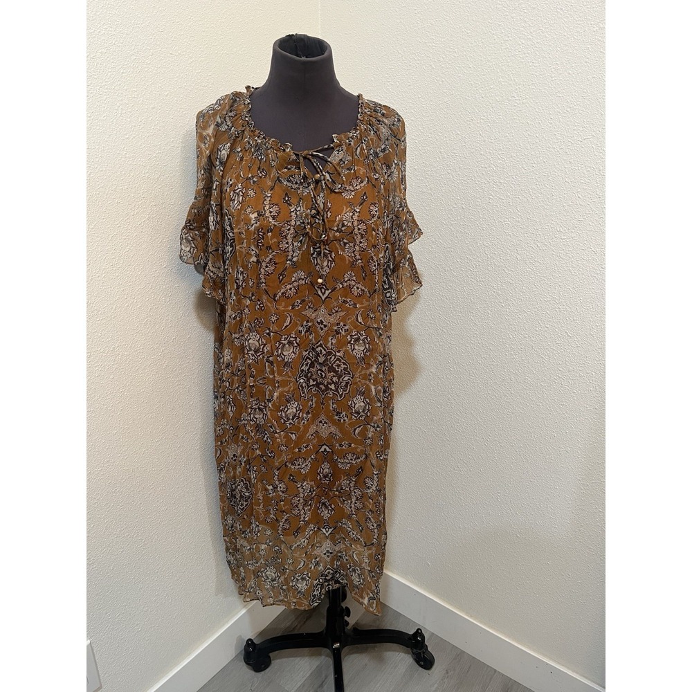Hannah Floral Print Dress – Brown/Copper –‎ Flowy, Lace-Up Neckline Women's Sz 1